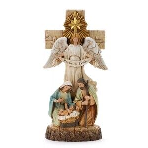 Napco Holy Family Angel with Cross Figurine - White, Gold, Blue